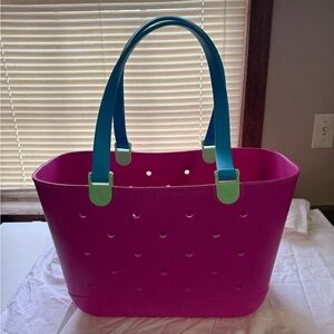 Simple Modern Large Pink Tote Bag with Teal Handles
Pouch included